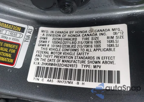 2012 Honda Cr-V Lx z USA, uszkodzony, nr VIN 2HKRM4H32CH624973